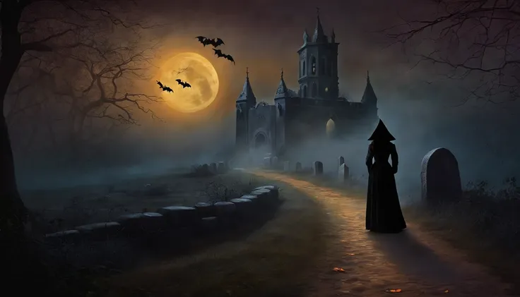 Wall Art Painting Dark Gothic Vintage Style Halloween, With the design of a black witch strolling along a stone path next to tombs under the moonlight with mist.