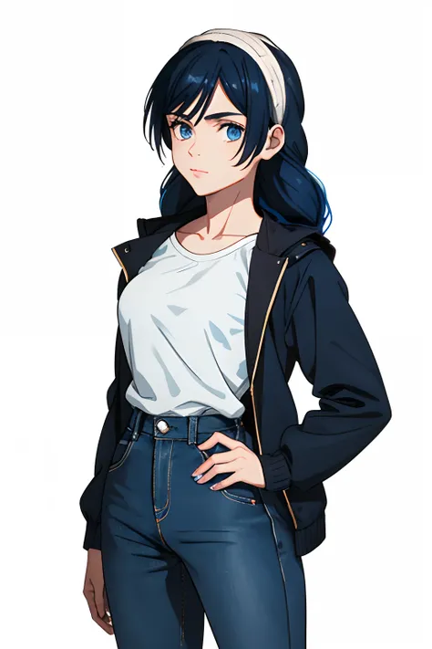 solo, 1girl, anime girl, (masterpiece), ((16 year old appearance)), Dark blue hair, blue eyes, braids in hair, Medium breasts, Black jacket, white shirt, Jeans pants, background nigth city