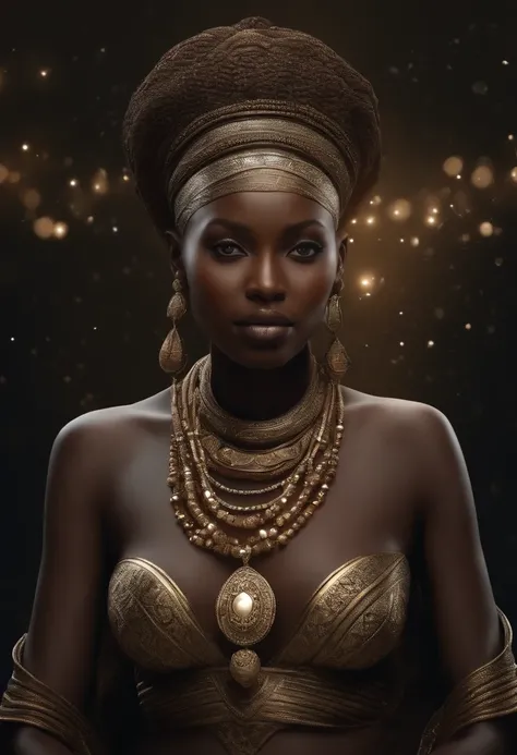 (Rendu 3D professionnel:1.3) de (Realstic:1.3) The Worlds Most Beautiful Detailed, Detailed and Intricate Dark Art Photo, Regard maternel, Cosmic goddess,impressionnisme,Afrofuturiste, Rendering the 8K unit of the whole body, pores de la peau, Very dark li...