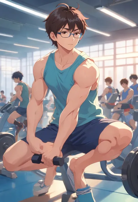 anime chico joven, medias gafas, Medium muscles in a gym, haciendo ejercicio, Science-Fiction, Culturismo, inspirado en Kim Eung-hwan, de espaldas, With your eyes you looked back, musculos medianos, hombros fuertes, inspirado en Yeong-Hao Han, exaggerated ...