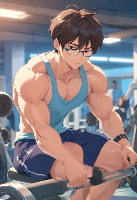 anime chico joven, medias gafas, Medium muscles in a gym, haciendo ejercicio, Science-Fiction, Culturismo, inspirado en Kim Eung-hwan, dando la espaldas, With your eyes you looked back, musculos medianos, hombros fuertes, inspirado en Yeong-Hao Han, exagge...