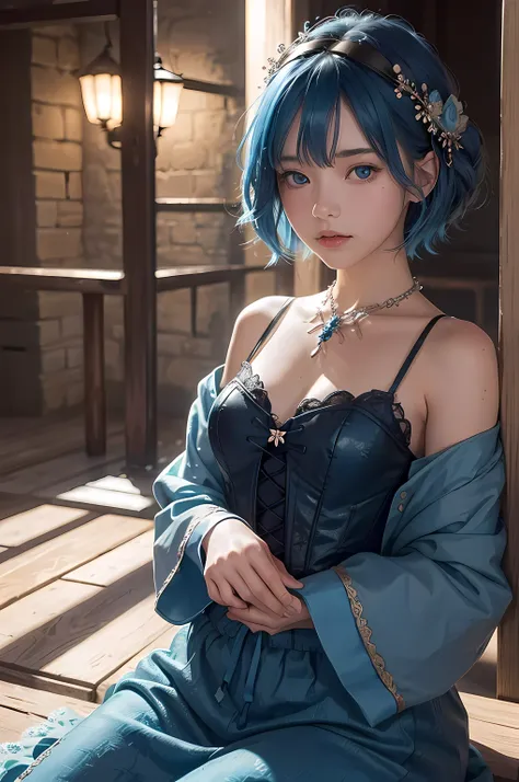 (Beautiful girl on logl:1.3), intricate corset,Masterpiece, highest quality, 1girl, Harajuku fashion coordination girl, (Puella Magi Madoka Magica, Sayaka Miki, blue hair, blue eyes, short hair,), musical note hair ornament, rain outside, intricate hair, b...