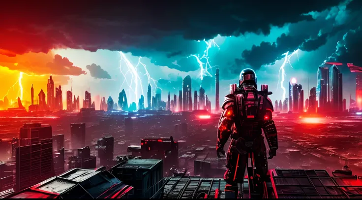 Back view of a half human cyborg, across the view of a devasted metropolis, 3D; apocalyptic retro cyberpunk; thunderstorms; red color splash; dynamic color-field; cyclorama effect; ultra realistic, cinematic lighting