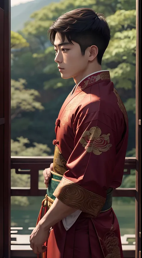 handsome pubescent asian man (Mackenyu Maeda) dressed in ancient chinese apparel looking at nature contemplating life, intricate, elegant, best quality, 8k uhd, best resolution, beautiful, ultra detailed, creative.