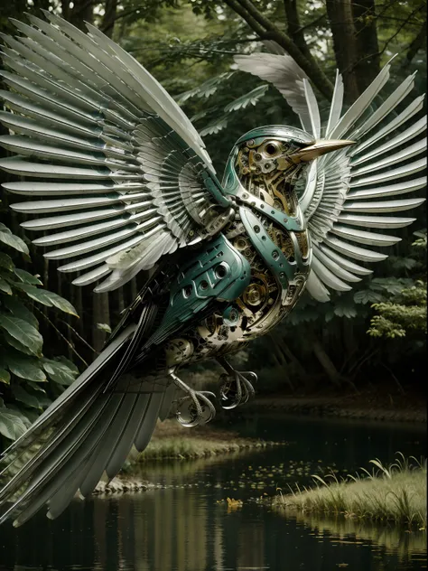 ((masterpiece)), ((best quality)), 8k, high detailed, ultra-detailed, a mechanical bird, harmoniously integrated into the beauty...