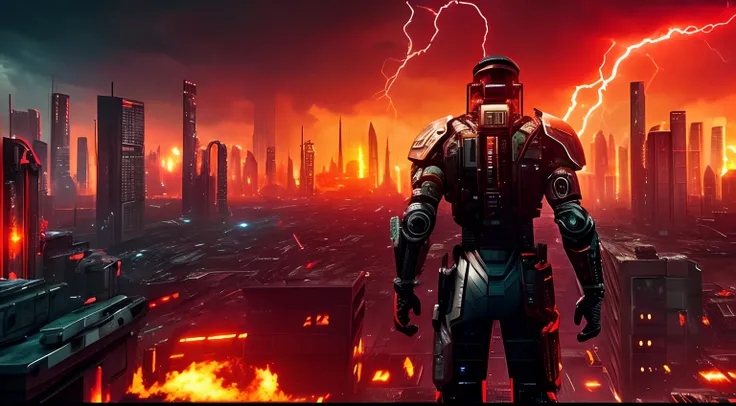 Back view of a armed half human cyborg, across the view of a devasted burning metropolis, 3D; apocalyptic retro cyberpunk; thunderstorms; red color splash; dynamic color-field; cyclorama effect; ultra realistic, cinematic lighting