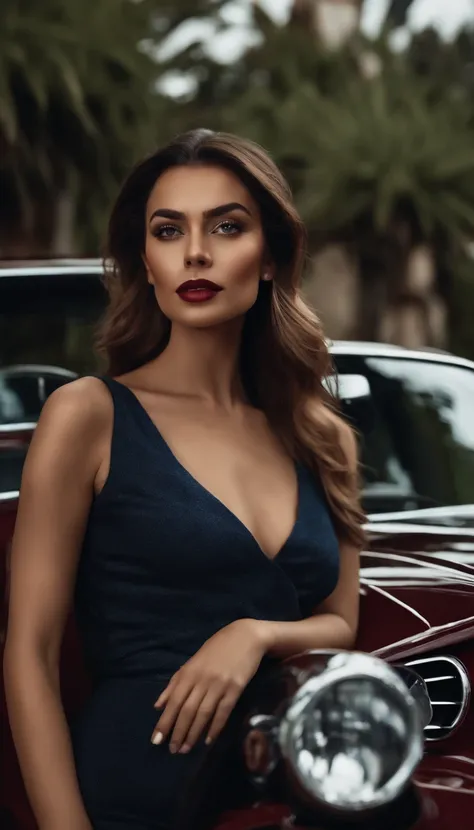 (best quality,Altas:1.2),Beautiful woman,Realistic,corpo sensual,rosto lindo,detailed eyes and lips,vestido elegantemente em jeans,jaqueta vermelha,ao lado de um carro BMW,in front of a mansion,scenic background,soft lighting,cores vibrantes,estilo moderno...