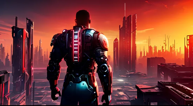 Back view of a half human cyborg, across the view of a devasted metropolis, 3D; apocalyptic retro cyberpunk; red color splash; dynamic color-field; cyclorama effect; ultra realistic, cinematic lighting