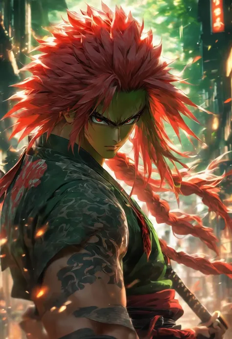 Ultra-HD, dramatic lighting, highly detailed, unreal engine, raytracing, full body photo, 1boy, long red hair, green eyes, black and red samurai attire, in the style of Jidaimono anime style, detailed, concept art, detailed, niji style.