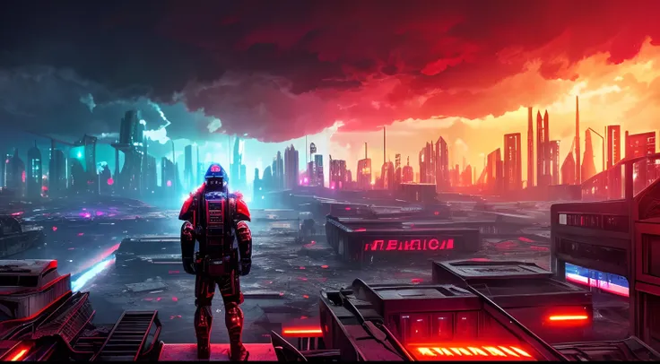 Back view of a half human cyborg, across the view of a devastated metropolis, 3D; apocalyptic retro cyberpunk; thunderstorms; red color splash; dynamic color-field; cyclorama effect; ultra realistic, cinematic lighting