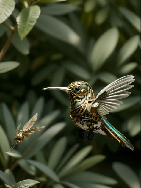 a delicate, bio-mechanical hummingbird with intricately designed, intertwining metal and feather components, sipping nectar from...