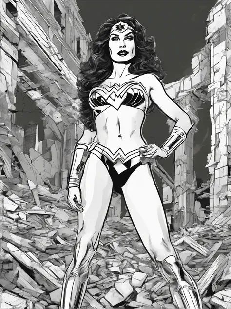 sexy legs wonder woman in ultra high-cut bikini, red patent thigh high boots, oiled legs and butt, high cut, skin tight sheer swimwear, wide stance provocative pose, editorial photographed in the rubble and debris of a collapsed building with wide angle fi...