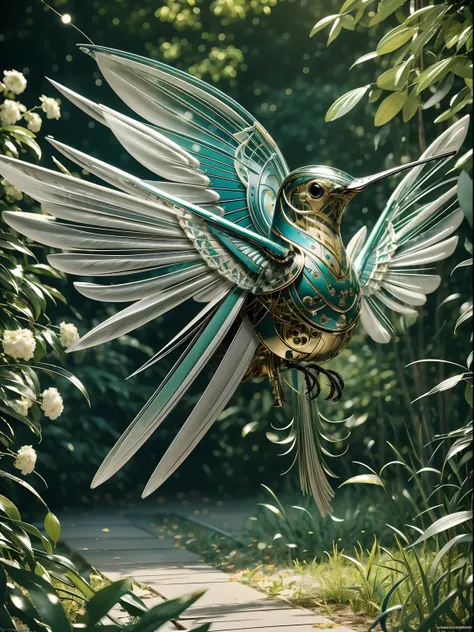 a delicate, bio-mechanical hummingbird with intricately designed, intertwining metal and feather components, sipping nectar from...