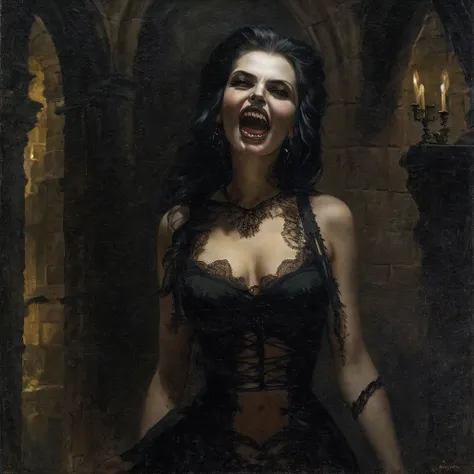 a vampire lady with(distinct long canine teeths),4 prominent sharp canine teeth, wearing gothic ancient lingerie,in the castle,o...