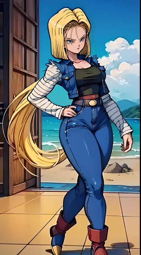 Android18 de Dragonball，Fique de lado ，Corpo inteiroesbiano，cinzento fundo, Denim Jeans Pants, peitos grandes, corpo de lado, Corpo inteiroesbiano, colete aberto, colete jeans, mangas brancas, botas marrom, de botas, Gray scenery, perfil esquerdo.(( standi...