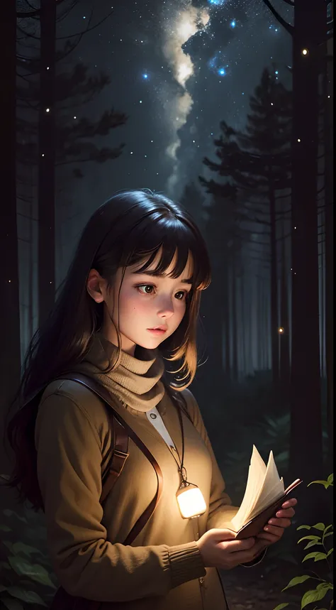 Woman holding a dusty diary in a forest at night full of fireflies around her