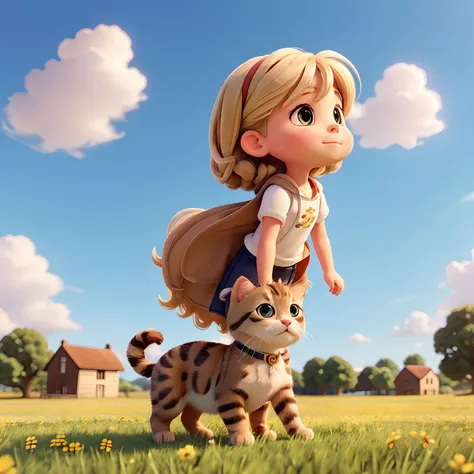 Full body Profile of a Cute little girl (in a field on a clear sunny day) lifting a kitten high up to admire it.