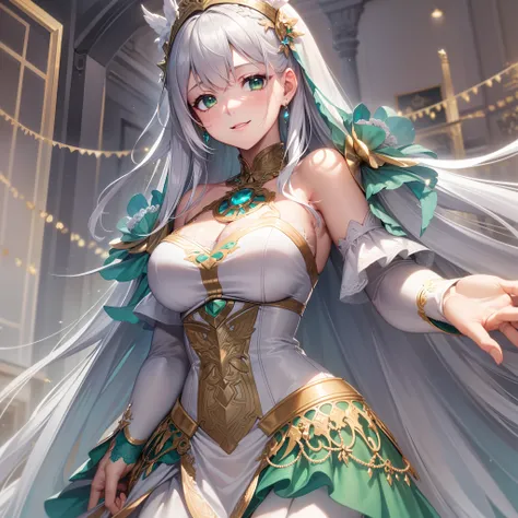 (Highly detailed CG Unity 8k wallpaper, masterpiece, top quality)　(Perfectly proportioned hands with one thumb and four fingers) (Adult woman in her early twenties wearing a pure white wedding dress with dense lace) (Shiny silver hair, long hairstyle) Perf...