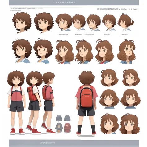 uma folha de personagem de um menino com cabelos castanhos cacheados e uma mochila vermelha, sapatos vermelhos, nave espacial na camisa, Multiple angles, Studio Ghibli Animation, Estilo Studio Ghibli