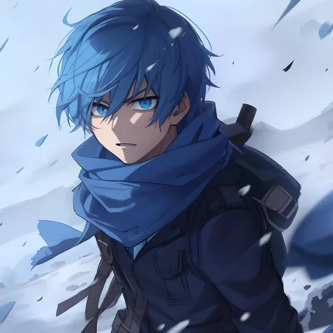 Anime boy with blue hair and blue scarf standing in the snow, cara de anime alto com olhos azuis, 2 d estilo anime, rosto de medo, assustado, mochila nas costas, Papel de parede anime 4k, jovem homem de anime, Anime Wallpaper 4k, 4k anime wallpapers, badas...