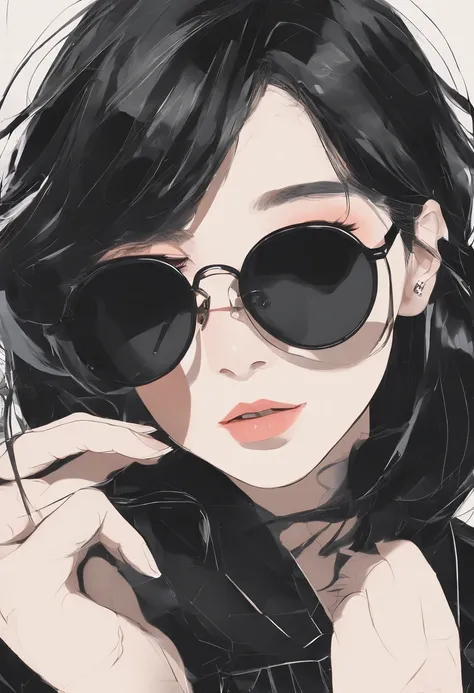 1girl , beautiful face, round black sunglasses, cabelo curto preto, menina legal, Terno Preto,