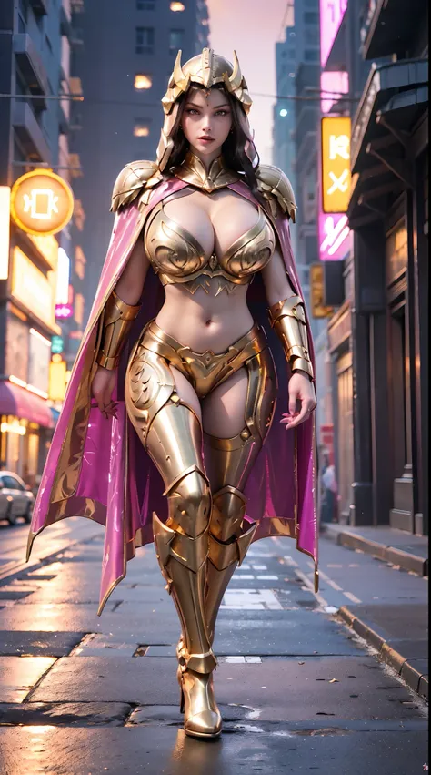 1GIRL, SOLO, (DARK HAIR, DRAGON QUEEN HELM), (HUGE FAKE BOOBS:1.3), (pink, gold, SEXY FUTURISTIC LATEX BRA, ROYAL CAPE, CLEAVAGE:1.5), (SKINTIGHT YOGA PANTS, HIGH HEELS:1.2), (SEXY BODY, SEXY LONG LEGS, FULL BODY:1.3), (FROM FRONT, LOOKING AT VIEWER), (WAL...
