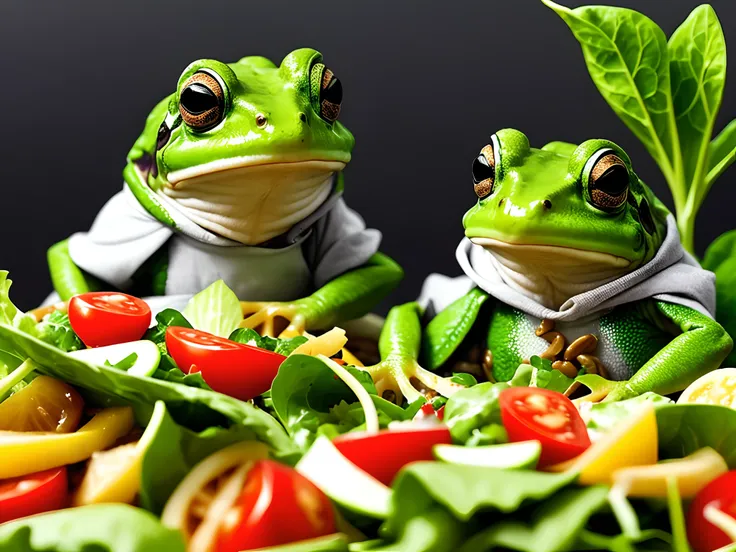 Two wizard frogs eating a salad