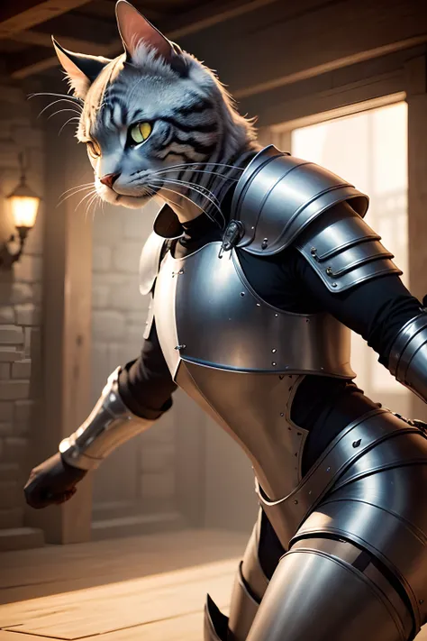 Imagine a futuristic cat wearing realistic medieval armor in a defensive position. Descreva esse felino com uma postura imponente e segura, sua cauda erguida e suas orelhas atentas. The armor he wears is made of polished and sturdy metal plates, providing ...