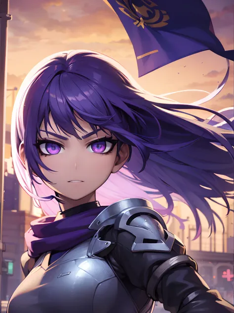 Anime girl with purple hair and purple scarf holding a sword, portrait knights of zodiac girl, Artgerm extremamente detalhado, Artgerm detalhado, retrato Artgerm, arte de anime digital detalhada, Alena Aenami e Artgerm, Artgerm. High detail, Artgerm. anime...