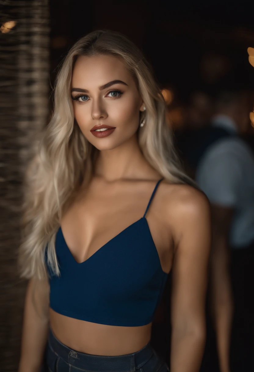 blonde woman with matching tank top and skirt posing at a night club, fille sexy aux yeux bleus, Portrait Sophie Mudd, blur background, best quality, 1girl, Portrait de Corinna Kopf, cheveux blonds et grands yeux, selfie of a young woman, ohne Maquillage, ...