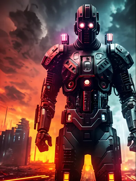 Closeup view of an armed half human cyborg, across the view of a devastated metropolis, 3D; apocalyptic retro cyberpunk; heavy thunderstorms; red color splash; dynamic color-field; cyclorama effect; ultra realistic, cinematic lighting