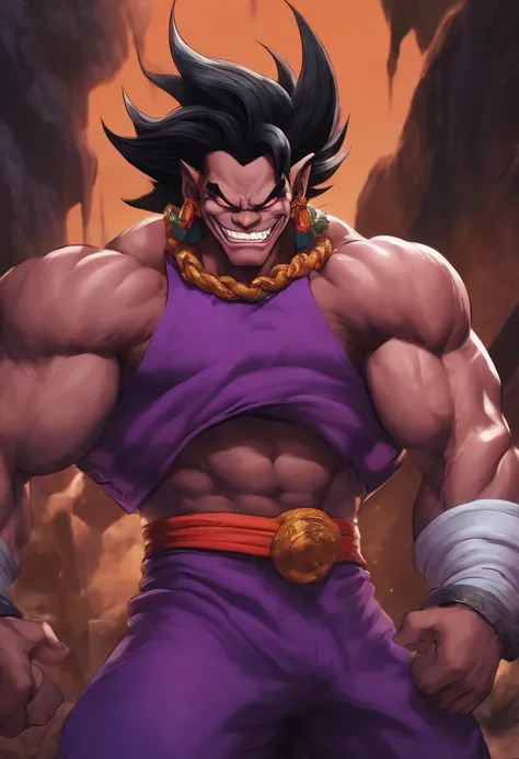 Imp, purple skin, muscular, sharp teeth, in the style of toriyama