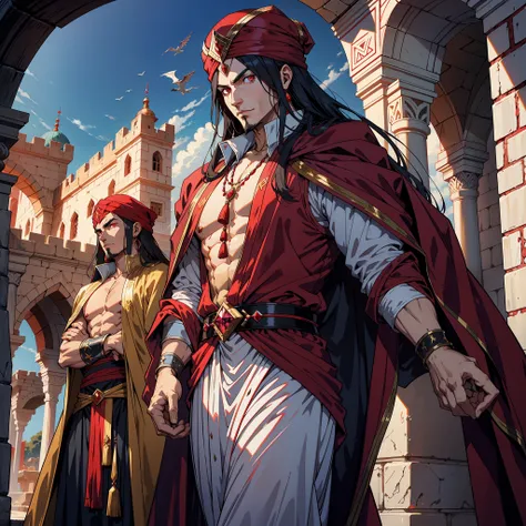 Moroccan lord Dracula in red turban Handsome muscular warrior Long Hair White Red Eyes Medieval Crystal Return to His Castle Victorious