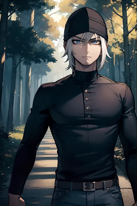 Homem loiro de anime, Wearing black shirt and jeansno standing in a forest, black bonnet, cara de anime alto com olhos azuis, anime exuberante john 8k madeiras, homem bonito anime, personagem de anime masculino, Retrato anime de um homem bonito, arte cg an...