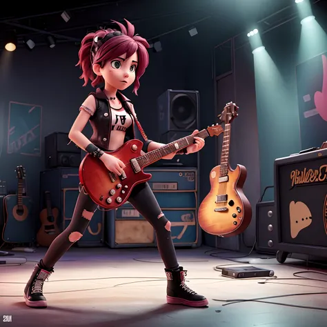 Punk rock girl violently smashing a guitar on stage.