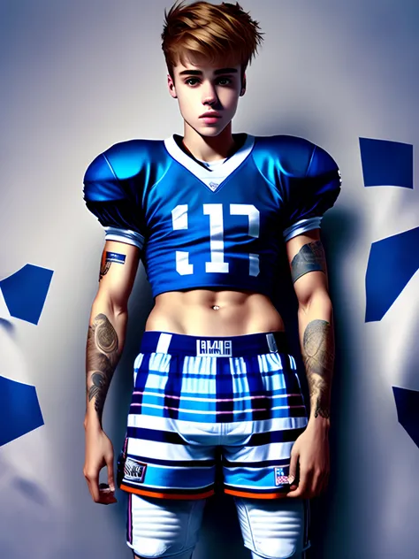 Justin Bieber wearing a blue football jersey, jeans, and plaid boxers sticking out