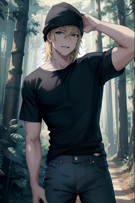 Blond haired man in black shirt and black hat posing in the forest, cara de anime alto com olhos azuis, anime exuberante john 8k madeiras, homem bonito anime, pose de anime bonito, Retrato anime de um homem bonito, cara bonito na arte demon slayer, Commiss...