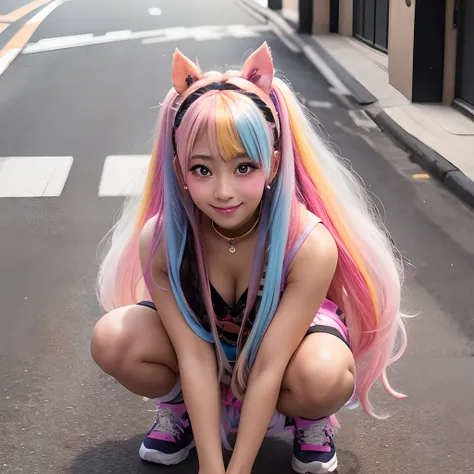 ganguro, street, smile, long hair, blush, multicolored hair, skirt, adult, crouching, looking up at viewer, top down view