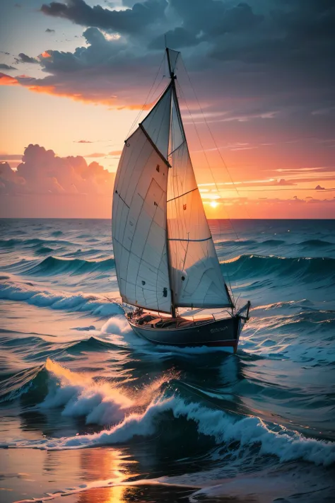 "A lone sailboat navigating turbulent waters, guided by a vibrant sunset on the horizon. The image symbolizes resilience in the face of challenges, with the sailboat representing personal journeys. Include a motivational quote that captures the essence of ...