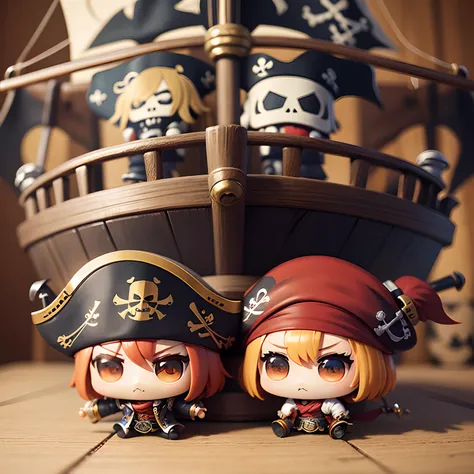 ​masterpiece、top-quality、ultra-detailliert、(Chibi Chara Pirate:1.2)、The tip of the pirate ship、Standing、