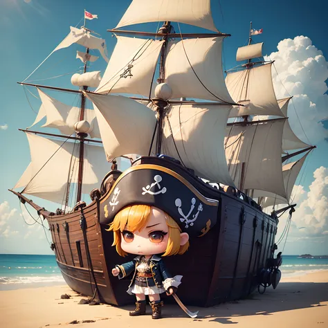 ​masterpiece、top-quality、ultra-detailliert、(Chibi Chara Pirate:1.2)、独奏、Explorer、Ship tip、Standing、