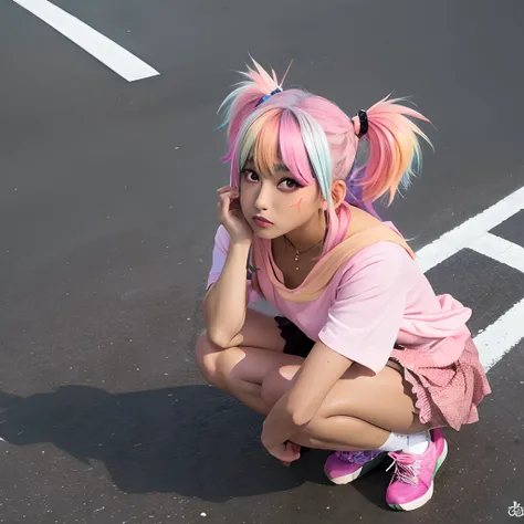 ganguro, street, blush, multicolored hair, skirt, adult, crouching, looking up at viewer, top down view