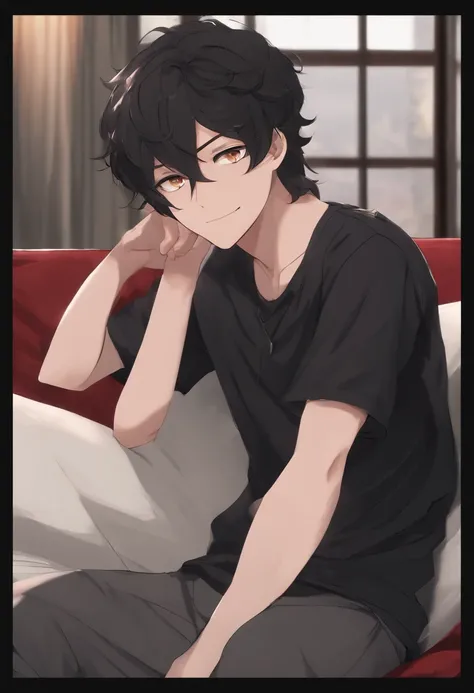 anime guy, late teens 17-18, tall, black messy hair, fair skin, bump on nose, hazel eyes, grinning, veiny hands, black tight shirt, gray sweatpants, manspreading on couch