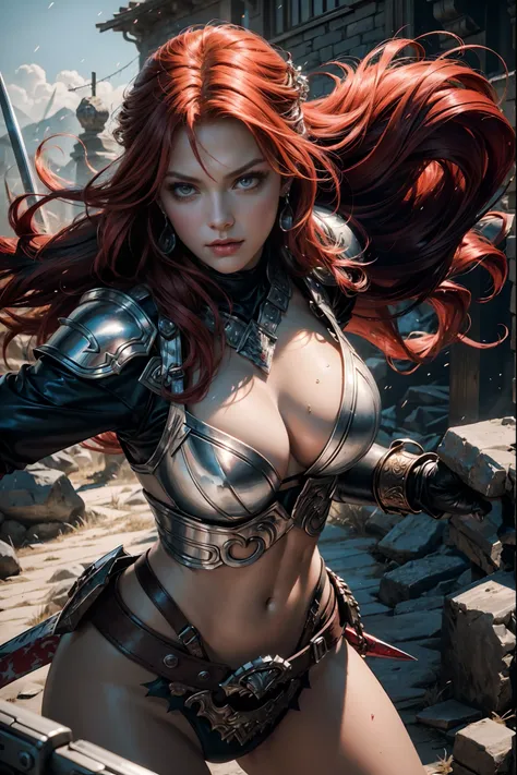 red sonja, she-devil with a sword,illustration,oil painting,medium(1.1),detailed eyes,detailed lips,strong and fierce warrior,beautiful red hair flowing in the wind, shiny silver armor, silver gauntlets,sharp sword in hand,dimly lit battlefield,bloodstaine...