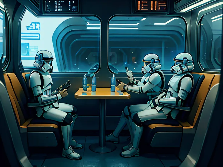 clone troopers sitting in a star wars subway on coruscant with headphones on