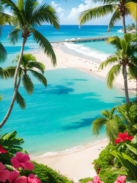 hyper realistic cartoon hibiscus flowers in hawaii with palm trees and white Sandy beach