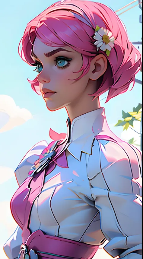 (master part, melhor qualidade) Alisa  waifu  Rosto bonito, Olhos verdes detalhados , roupas elegantes e detalhadas , puffy lips ,Short Pink Hair Flower Accessories, (melhores detalhes) ( melhor qualidade) espetacular, dramatic scenery, tekken