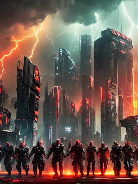 A close-up view of a large group of very angy armed half human cyborgs, fierce; across the view of a devastated metropolis, 3D; apocalyptic retro cyberpunk; heavy thunderstorms; red color splash; dynamic color-field; dynamic action poses; cyclorama effect;...