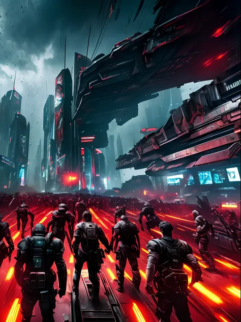 A close-up view of a large group of very angy armed half human cyborgs, fierce; across the view of a devastated metropolis, 3D; apocalyptic retro cyberpunk; heavy thunderstorms; red color splash; dynamic color-field; dynamic action poses; cyclorama effect;...