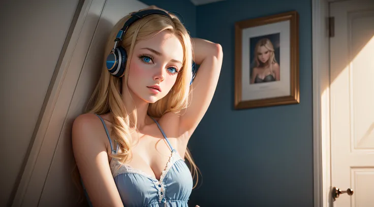 une fille russe au centre de limage, long cheveux blond, Beautiful blue eyes listening to music against a wall in her room, style moderne cuir, ultra realist